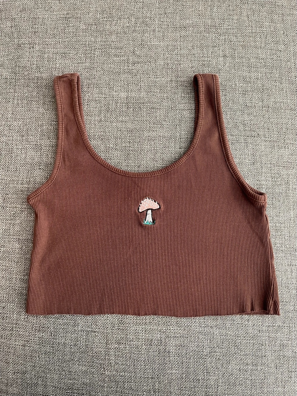 Garage Brown Ribbed Crop Tank with Mushroom Patch